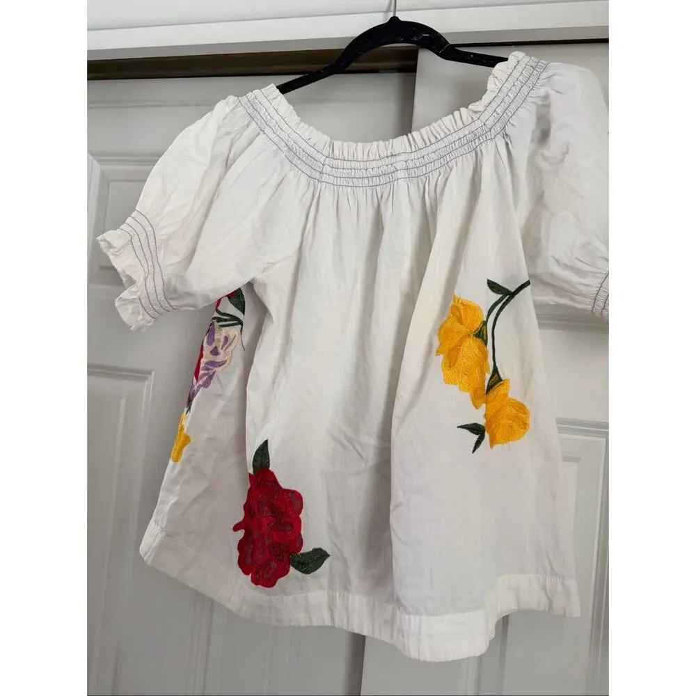 Anthropologie Puff-Sleeve Tie-Front Embroidered Blouse